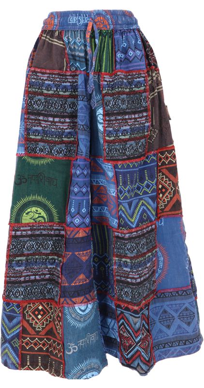 Guru-Shop Stoffhose - Bequeme Palazzohose, weite Patchwork Marlenehose, Boho Schlaghose, Hosenrock - blau/bunt - S bis XL - für Damen - Größe L -