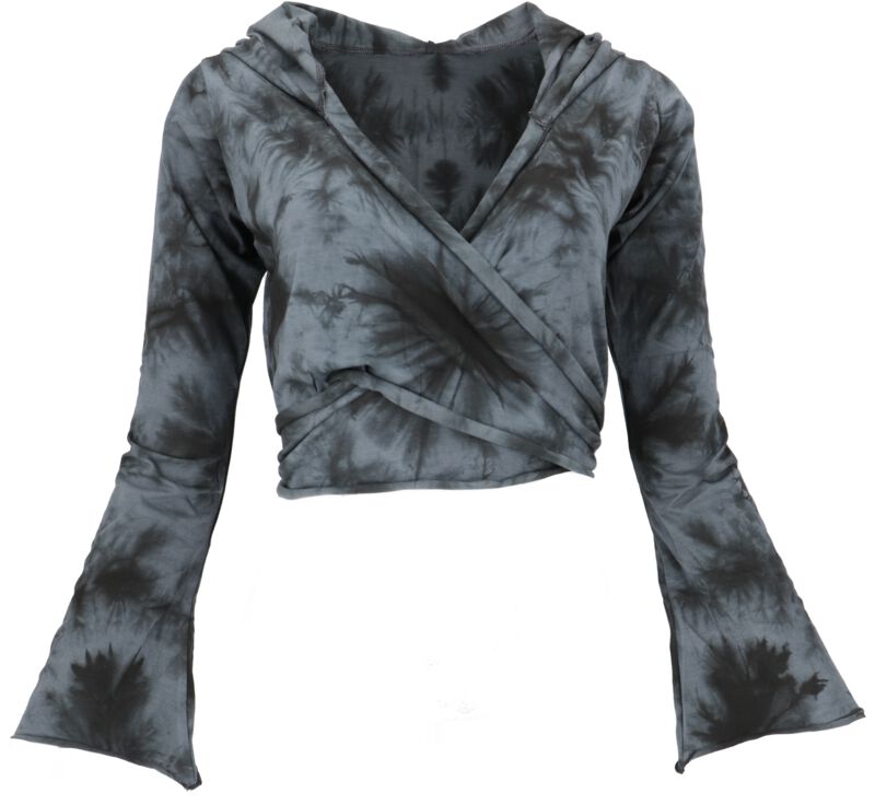 Guru-Shop Langarmshirt - Wickeltop, Yogatop, Langarmshirt mit Trompetenärmeln - Batik/grau - S bis L - für Damen - Größe M - grau