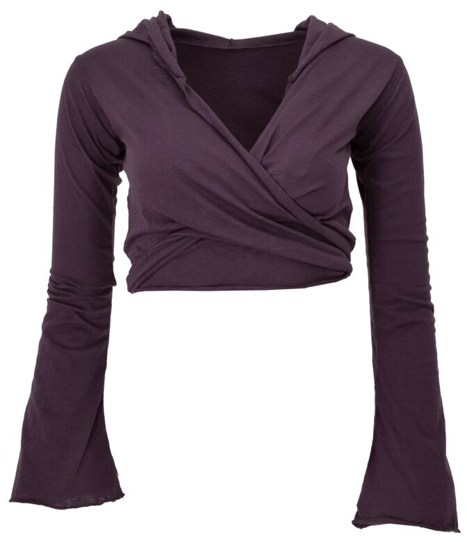 Guru-Shop Langarmshirt - Wickeltop, Yogatop, Langarmshirt mit Trompetenärmeln - aubergine - S bis L - für Damen - Größe L - aubergine