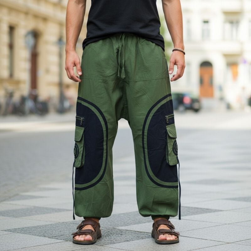 Guru-Shop  Cloth Trousers - Yoga Trousers - for Men - olive-black