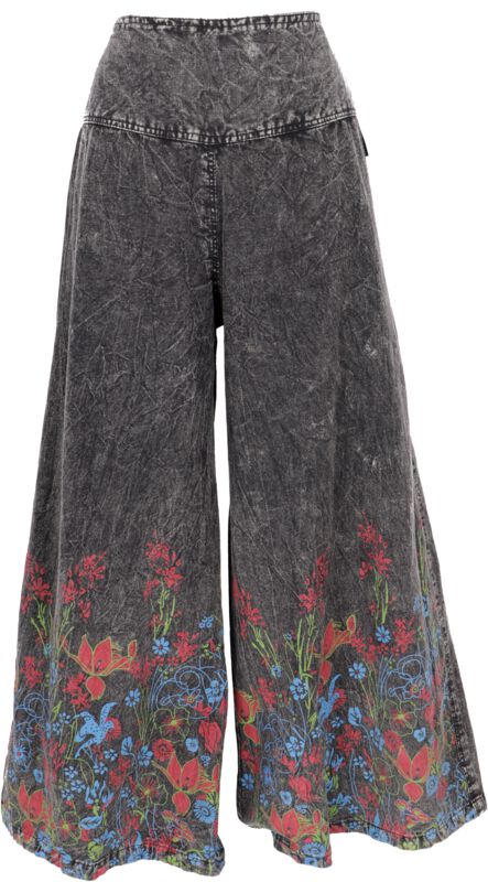 Guru-Shop Stoffhose - Palazzohose, Boho Baumwollhose, Hosenrock mit Blüten - schwarz/blau - S-M bis M-L - für Damen - Größe S-M - schwarz/blau