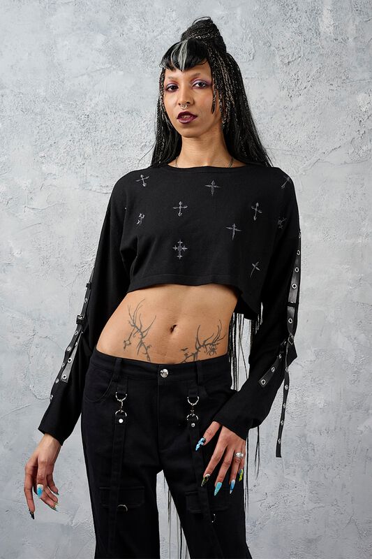 Banned - Rockabilly Shirt met lange mouwen - Crossbound Crop Jumper - S tot XXL - voor Vrouwen - zwart