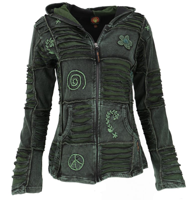 Guru-Shop Kapuzenjacke - Goa Patchwork Jacke, Boho Kapuzenjacke - S bis XL - für Damen - Größe M - dunkelgrün