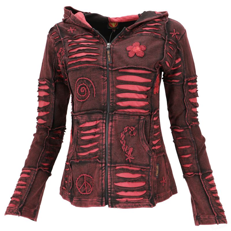 Guru-Shop Kapuzenjacke - Goa Patchwork Jacke, Boho Kapuzenjacke - S bis XL - für Damen - Größe L - bordeaux