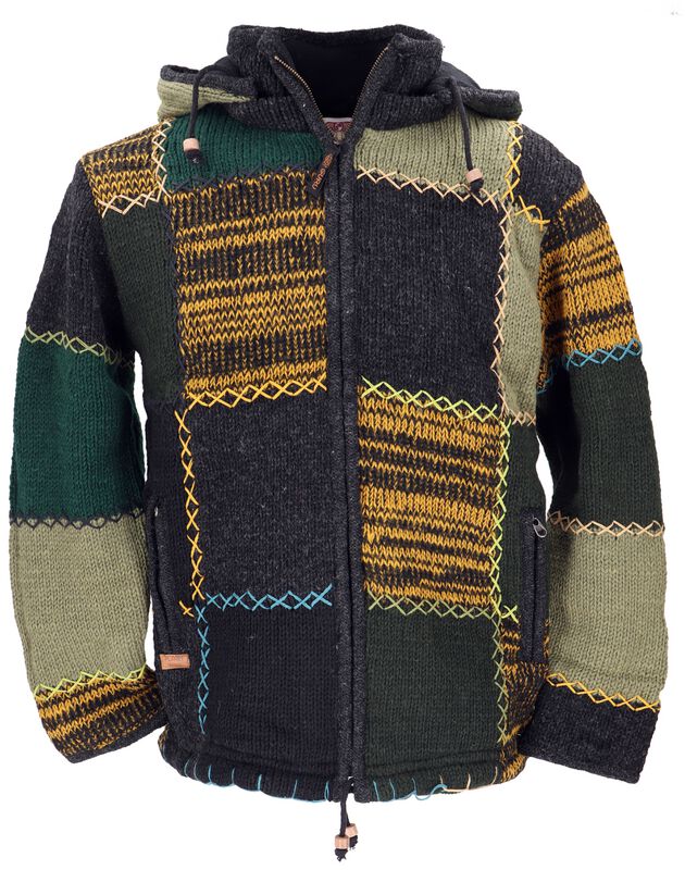 Guru Kapuzenjacke - Patchwork Strickjacke aus Schafwolle, Wolljacke Nepaljacke - M bis XXL - für Männer - Größe XL - multicolor
