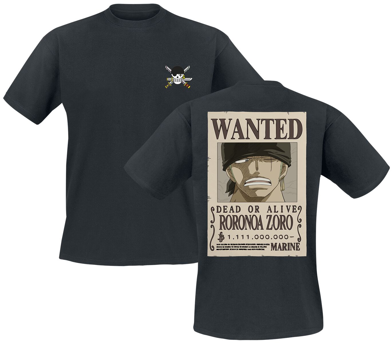 One Piece - Anime T-Shirt - Wanted Zoro - S bis XXL - für Männer - Größe L - schwarz  - Lizenzierter Fanartikel