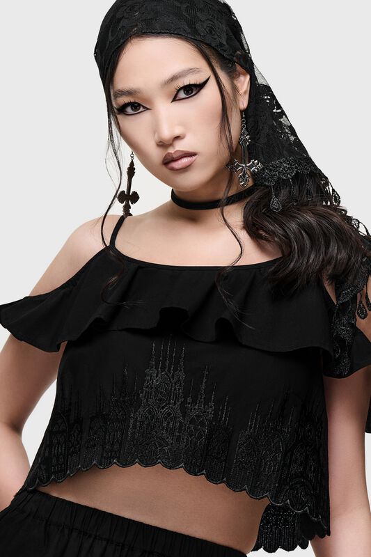 Killstar - Gothic Top - Cathedral Gardens - Thorned Spire Off the Shoulder Top - XS bis XXL - für Damen - Größe XS - schwarz