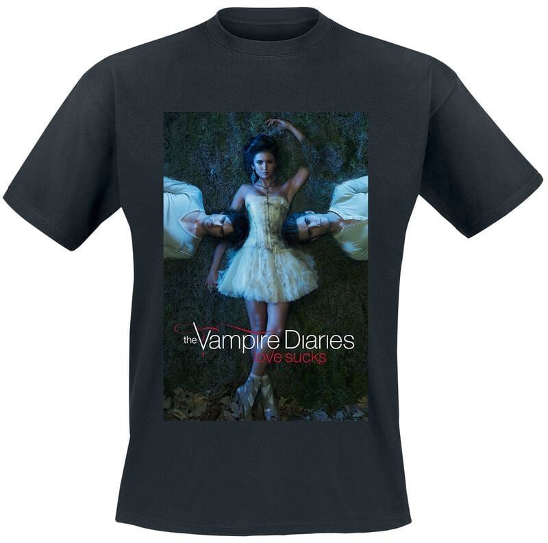 The Vampire Diaries T-Shirt - Vampire Diaries Elena With Stefan And Damon - S bis 3XL - Größe S - schwarz  - Lizenzierter Fanartikel