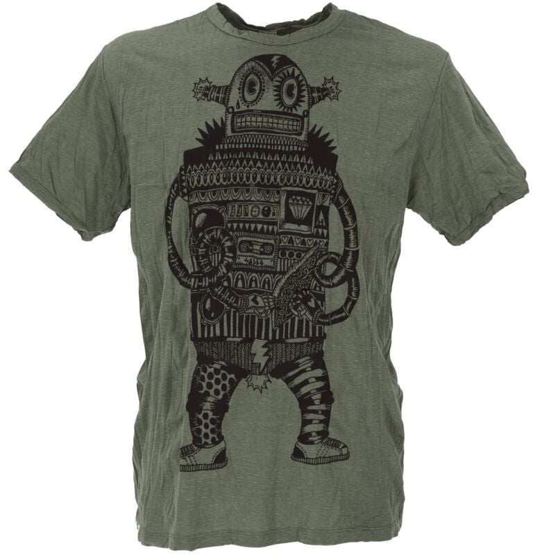 T-Shirt Manches courtes  de Guru-Shop - GURU Ethno Panik Roboter - M à XL - pour Homme - olive