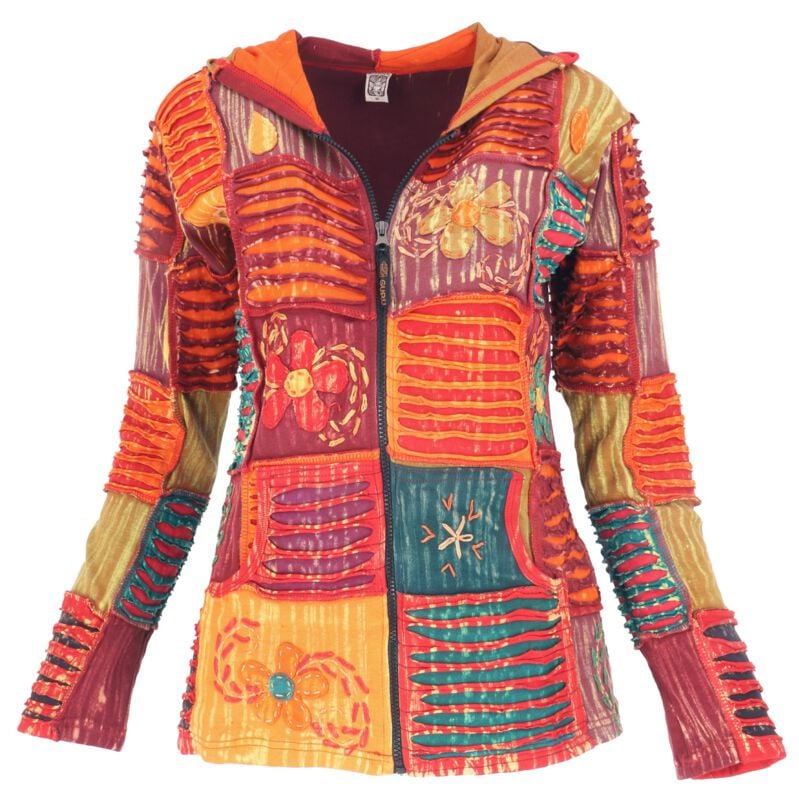 Sweat-shirt zippé à capuche  de Guru-Shop - Boho Unikat Patchwork Hippie Jacke mit Zipfelkapuze - S à XL - pour Femme - multicolore