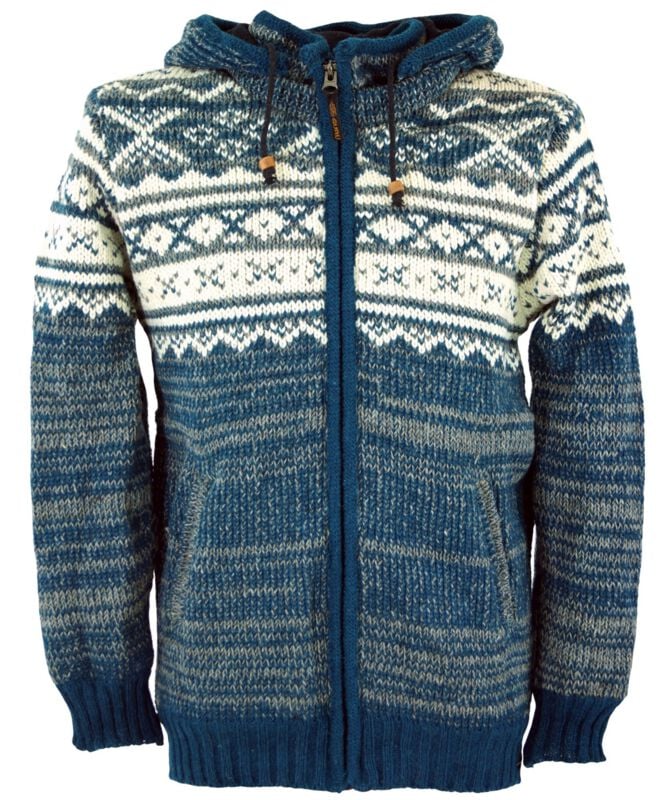 Manteau d'hiver  de Guru-Shop - Gefütterte Unisex Nepal Wolljacke Norwegermuster 22 - M à XXL - pour Homme - bleu
